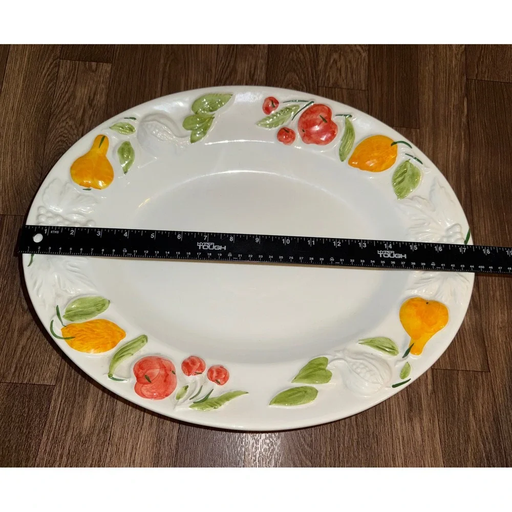 Antica Fornace Italy Embossed Fruit‎ Ceramic Oval Serving Platter White 18.5in